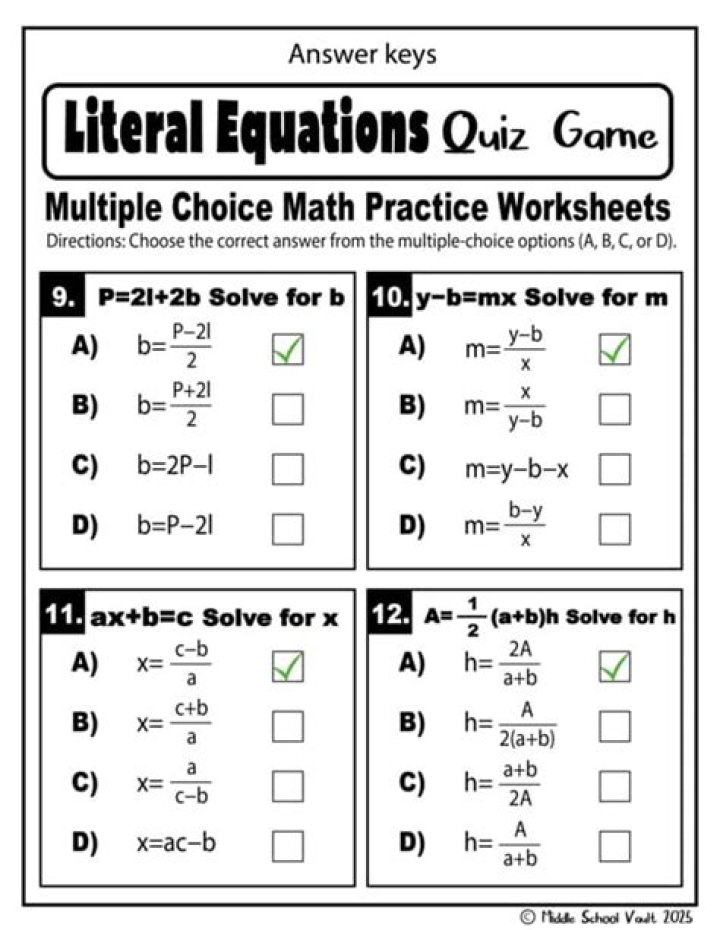 Literal Equations Calculator Quiz